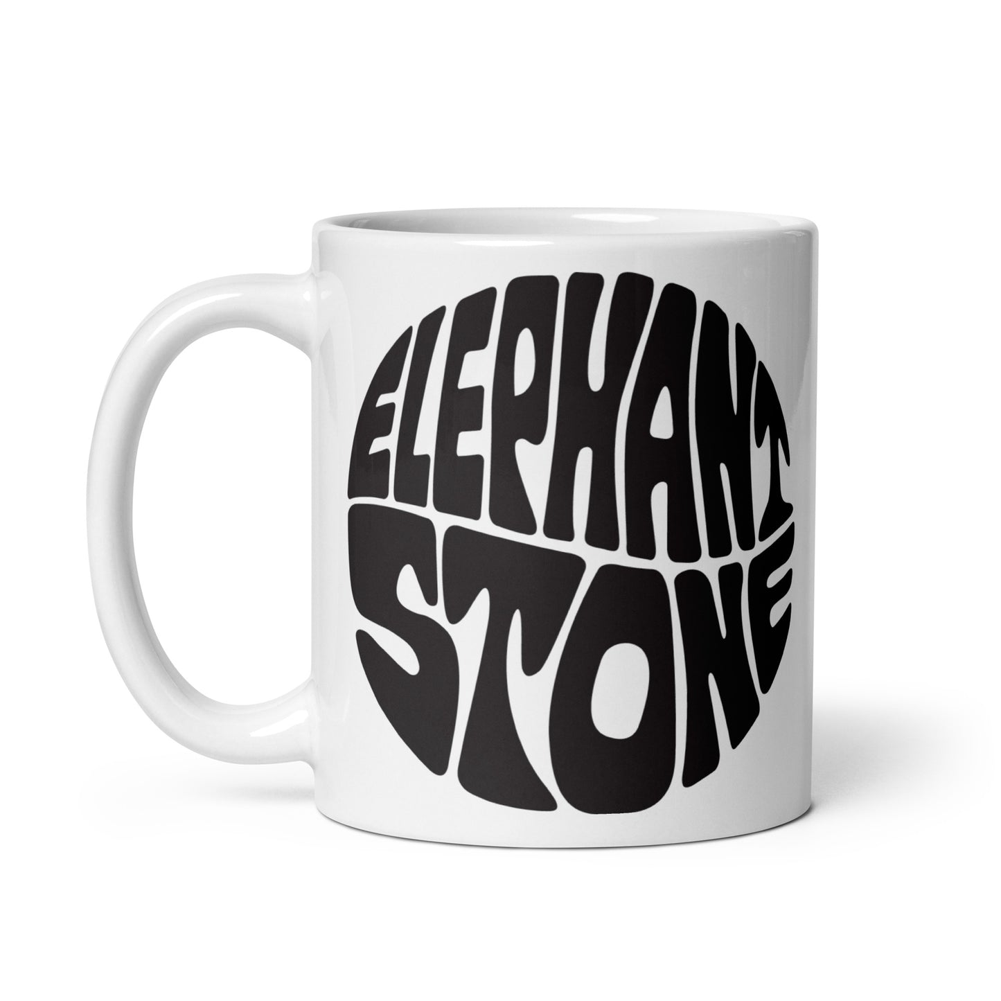 White glossy mug with Elephant Stone logo