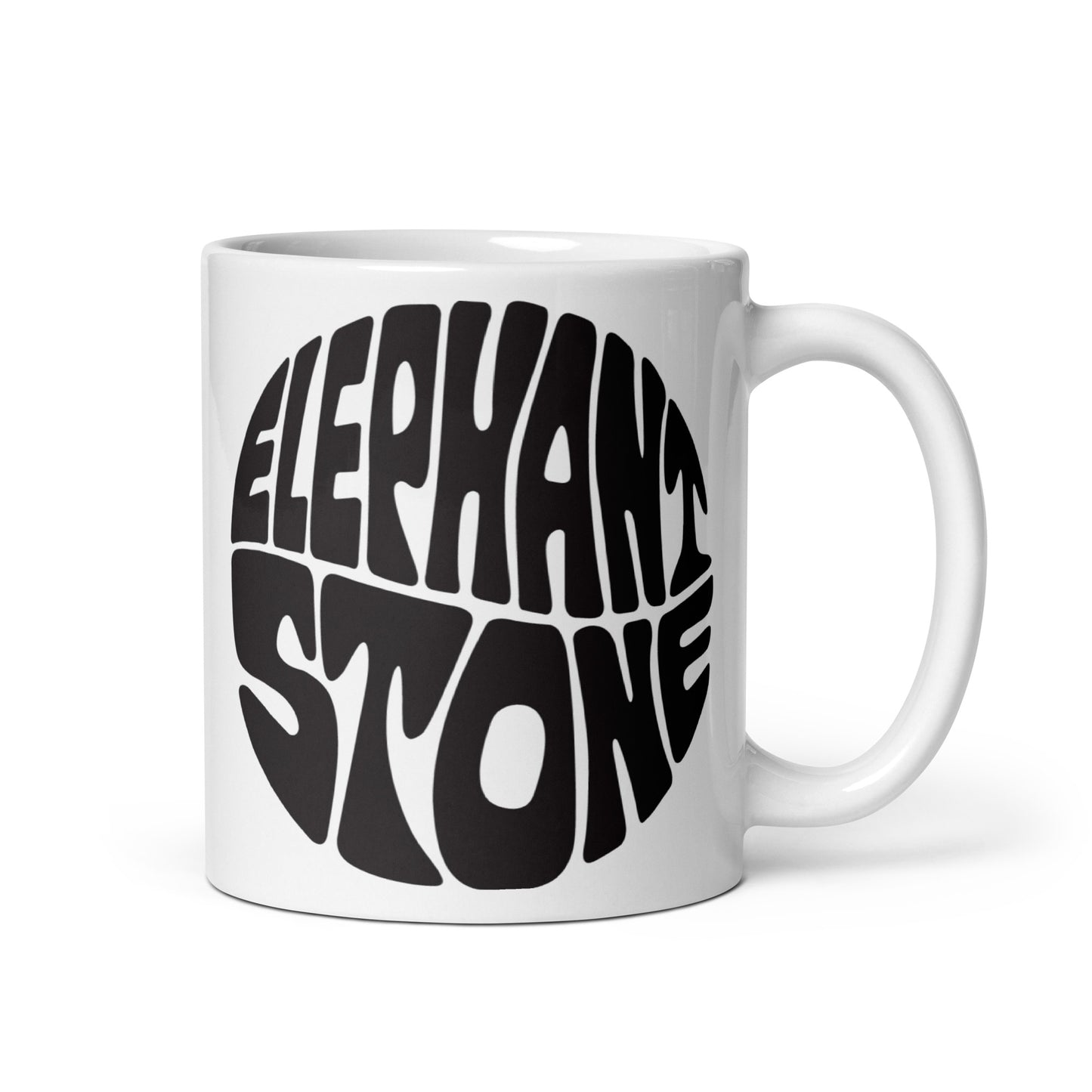 White glossy mug with Elephant Stone logo