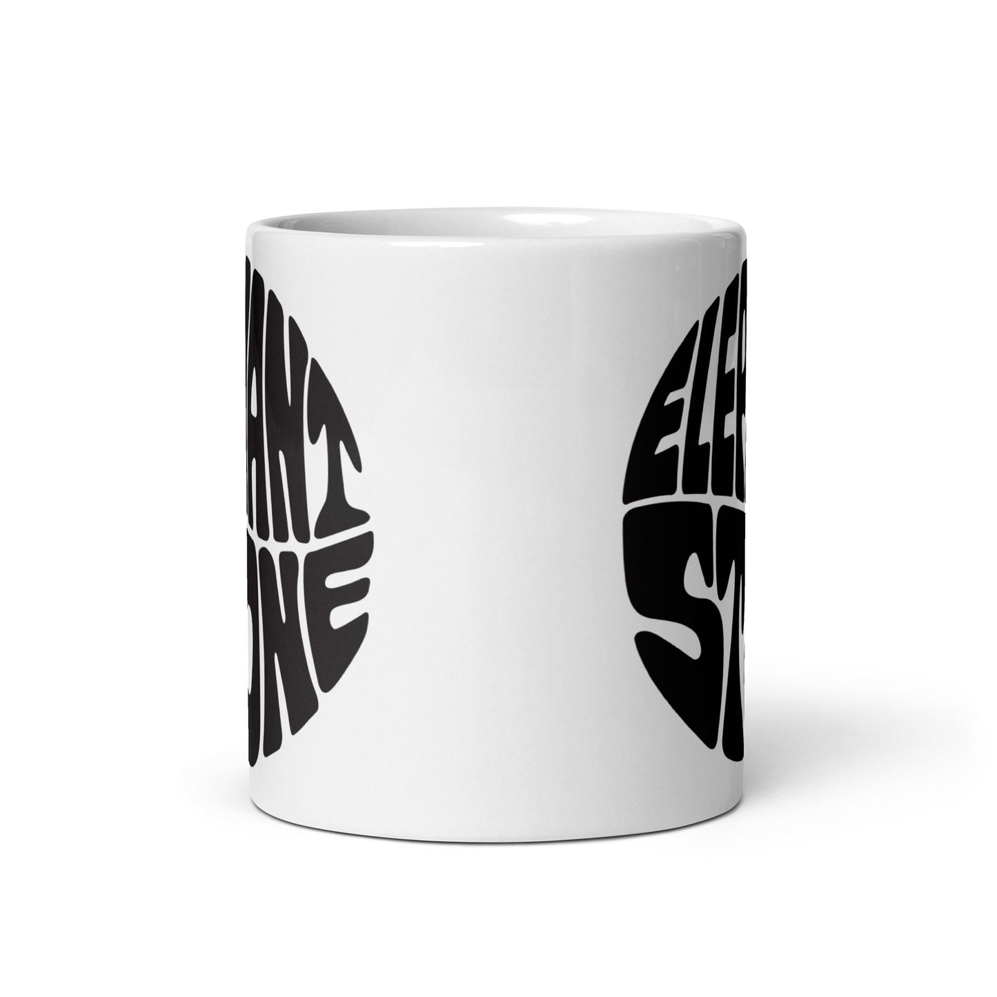 White glossy mug with Elephant Stone logo